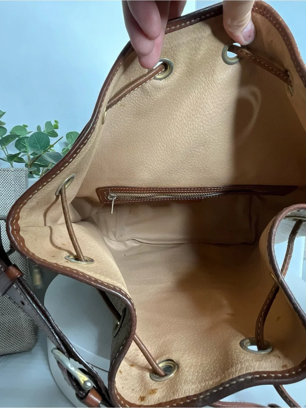 Brown Drawstring Bucket Bag with Leather Trim